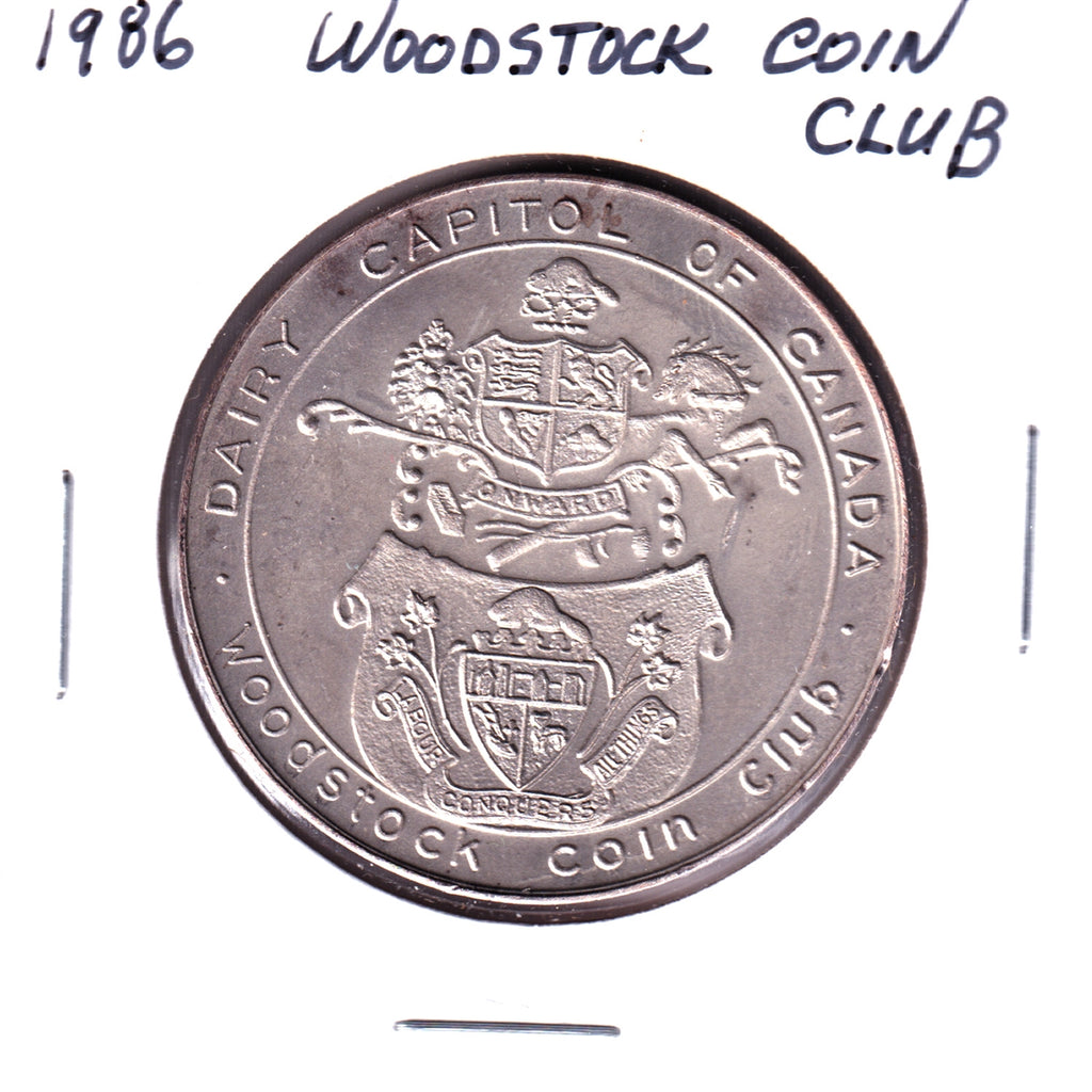 1986 Woodstock, Ontario, Coin Club Medallion: Dairy Capital of Canada & 1853 City Hall