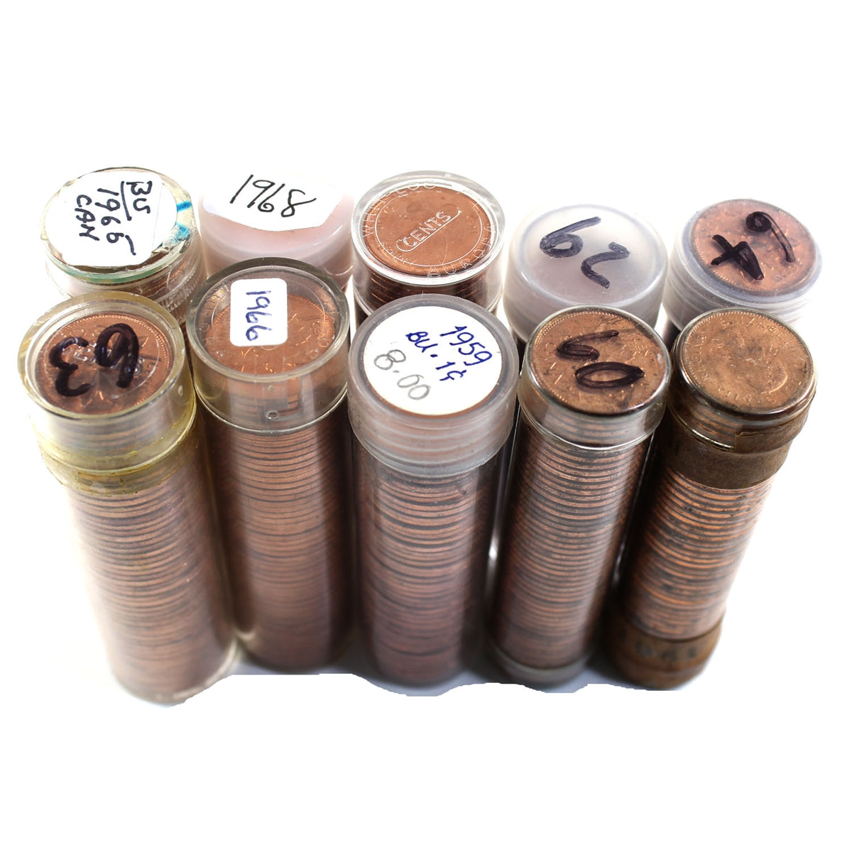 Group Lot of 1959-1968 Canada 1-Cent Rolls, Mint State but Some Toned, 10 Rolls