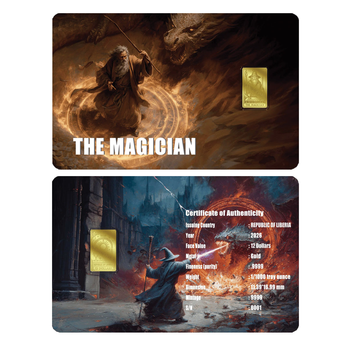 2026 Liberia $12 The Magician 1/1000oz 24K .9999 Gold in Card (No Tax)