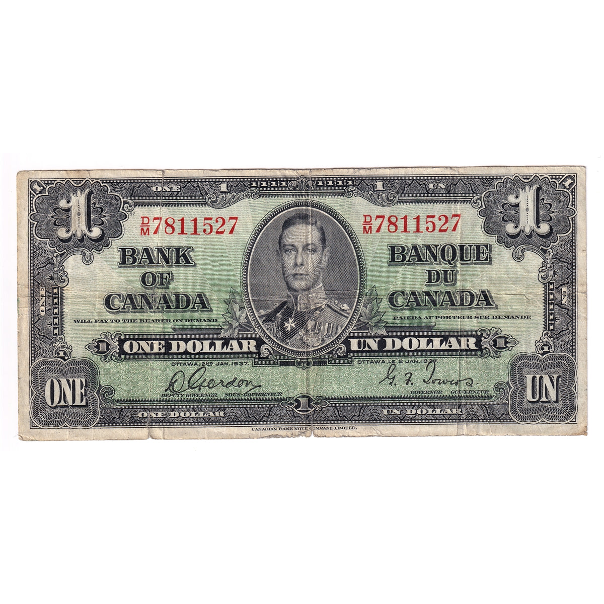BC-21c 1937 Canada $1 Note, Gordon-Towers, VG-F (VG10) Hole or Tears