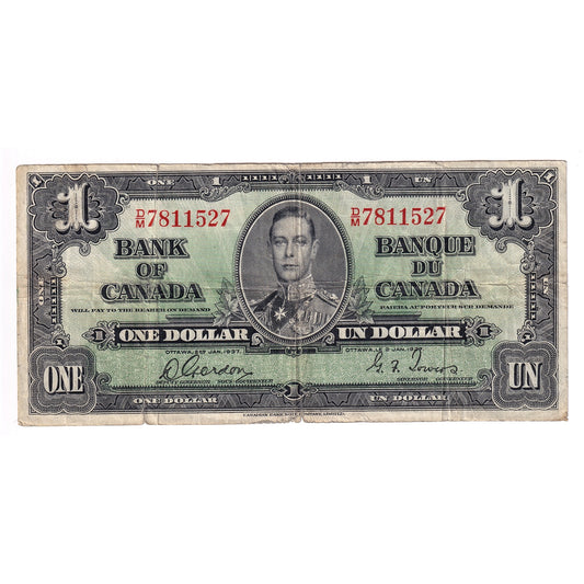 BC-21c 1937 Canada $1 Note, Gordon-Towers, VG-F (VG10) Hole or Tears
