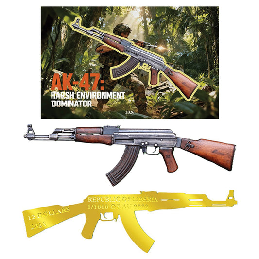2026 Liberia $12 AK-47 Shaped 1/1000oz 24K .9999 Gold in Card (No Tax)