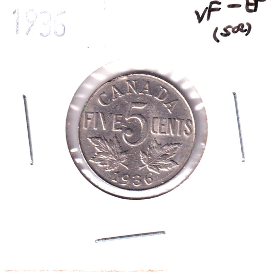 1936 Canada 5-cents VF-EF (VF30) Scratched, spots, or impaired