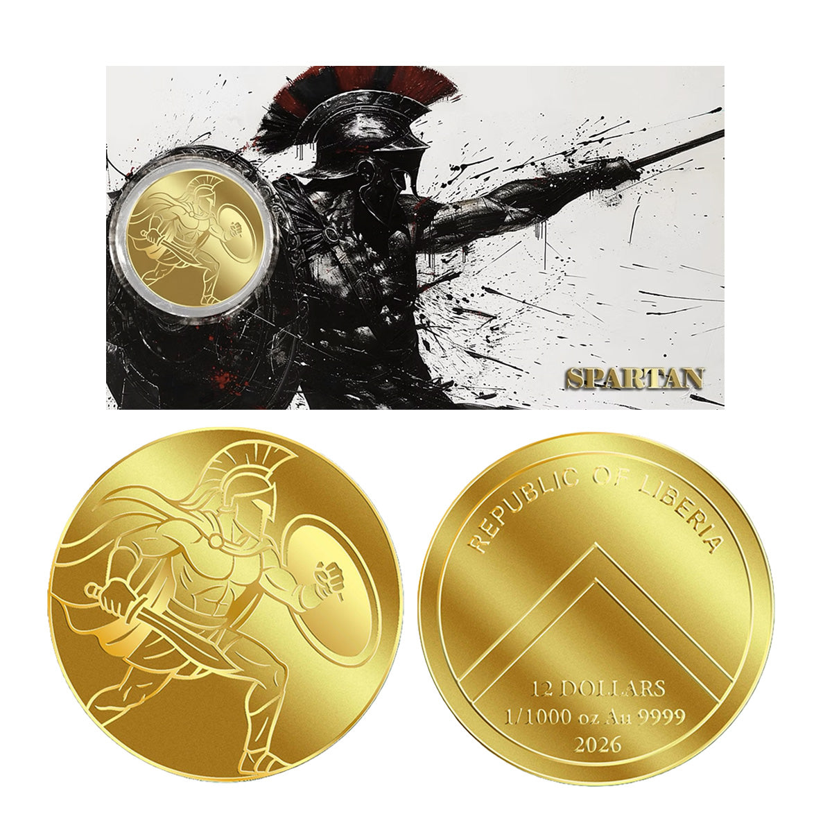 2026 Liberia $12 Spartan 1/1000oz 24K .9999 Gold in Card (No Tax)