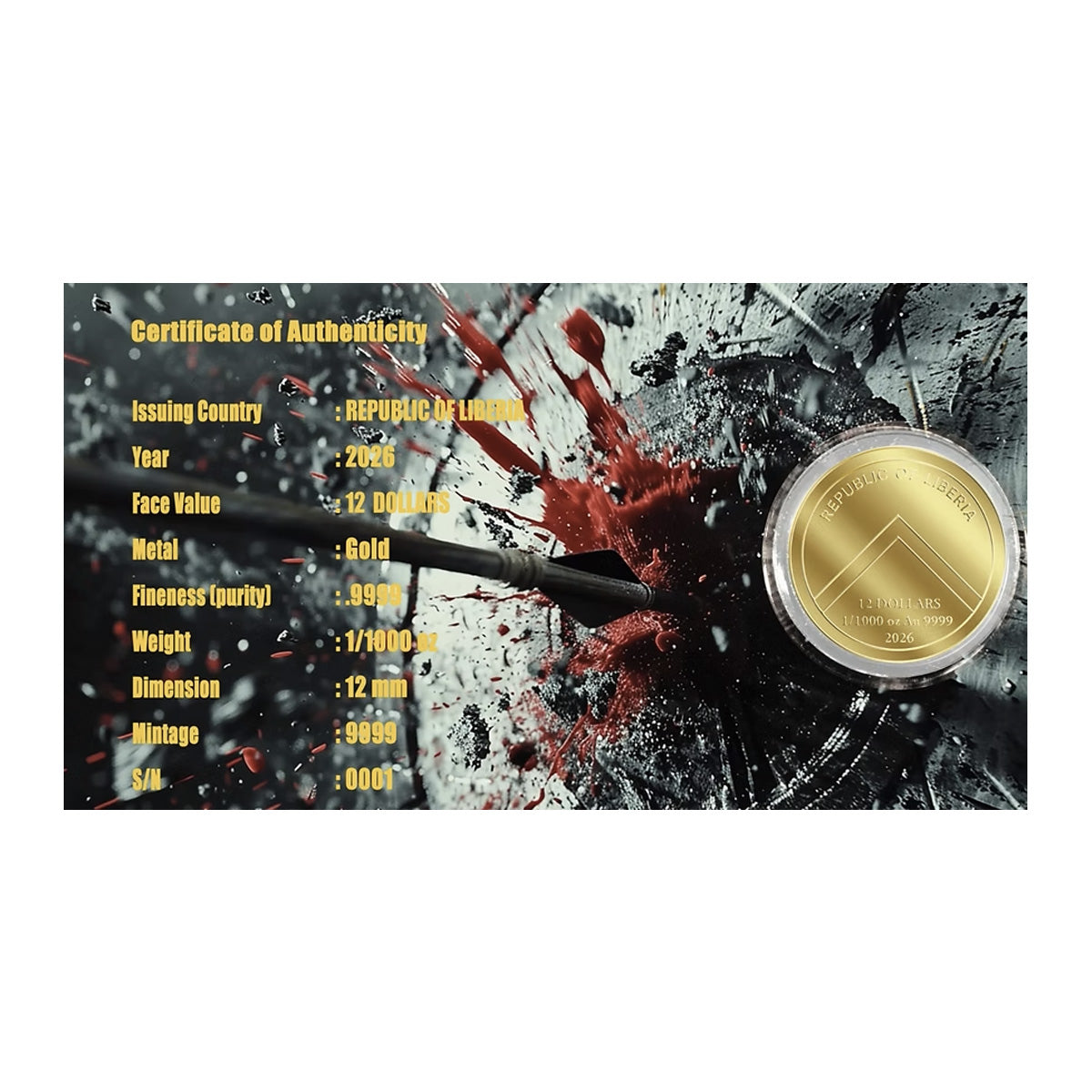 2026 Liberia $12 Spartan 1/1000oz 24K .9999 Gold in Card (No Tax)