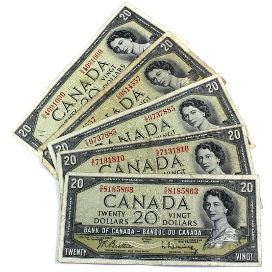Lot of 5x 1954 Canada $20 Notes with Different Prefixes, Circulated, 5Pcs (Impaired)