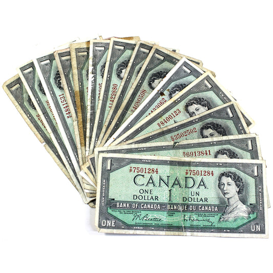 Lot of 16x 1954 Canada $1 Notes, Circulated/Damaged, 16Pcs