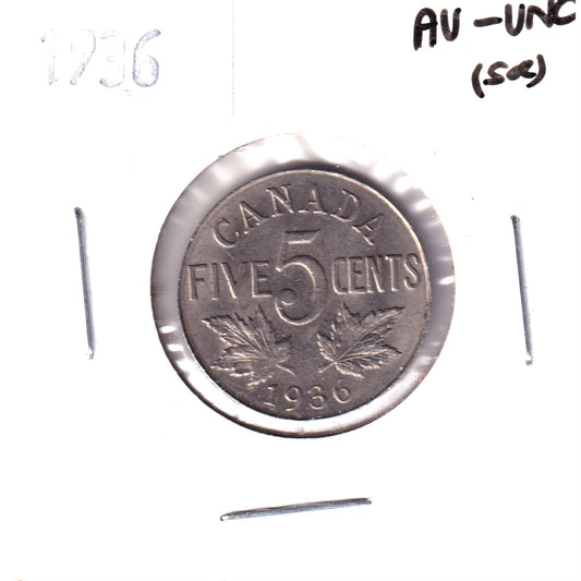 1936 Canada 5-cents AU-UNC (AU55) Scratch, cleaned or impaired