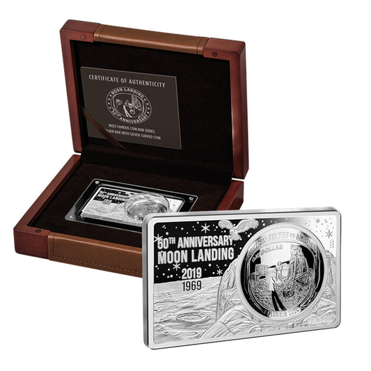 2019 50th Ann. of Moon Landing 2oz Bar & USA $1 Fine Silver (No Tax) Lightly Impaired