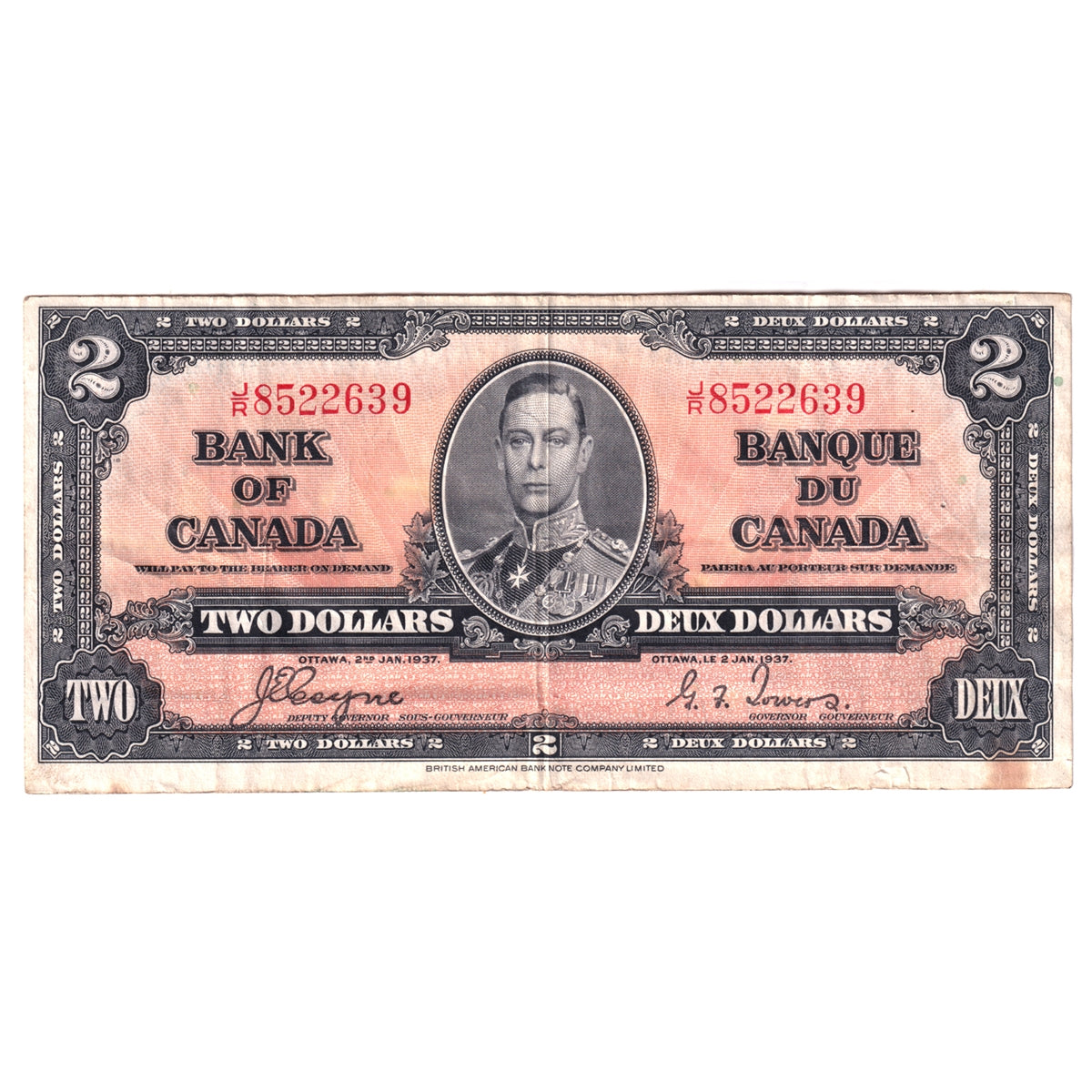 BC-22c 1937 Canada $2 Note, Coyne-Towers, VF-EF (VF30) Tear, stains, or damaged