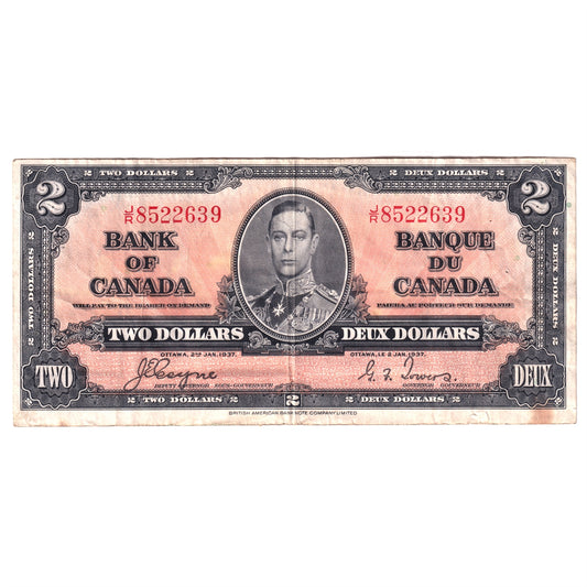 BC-22c 1937 Canada $2 Note, Coyne-Towers, VF-EF (VF30) Tear, stains, or damaged