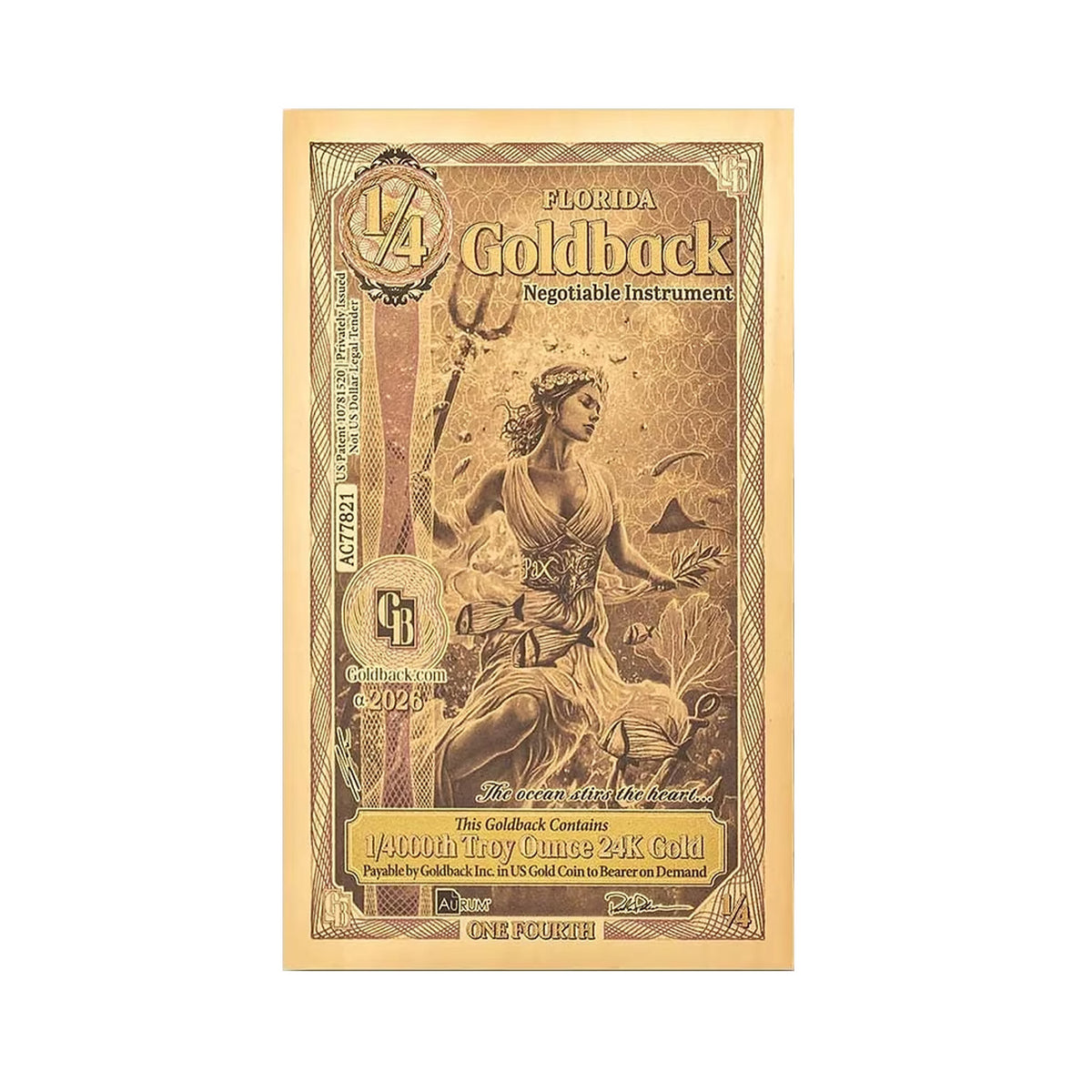 (2026) 1/2 Florida Goldback Aurum 1/4000oz 24K .9999 Gold Wafer Foil Note (No Tax)