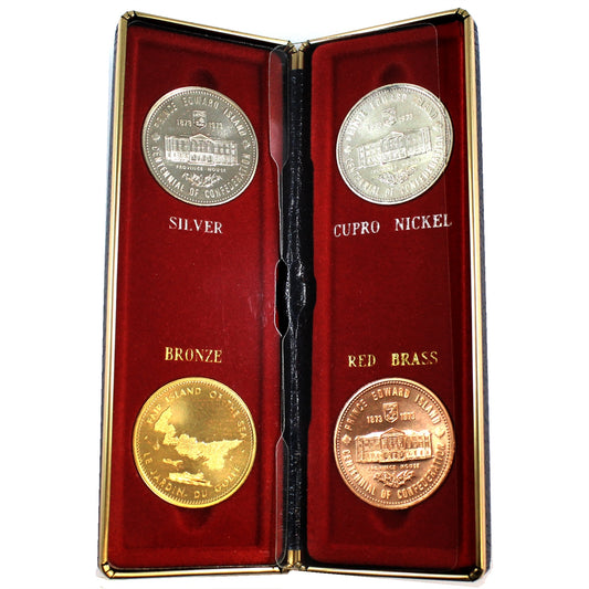 Set of 1973 PEI Confederation Medallions Made from 4 Different Metals, 4Pcs