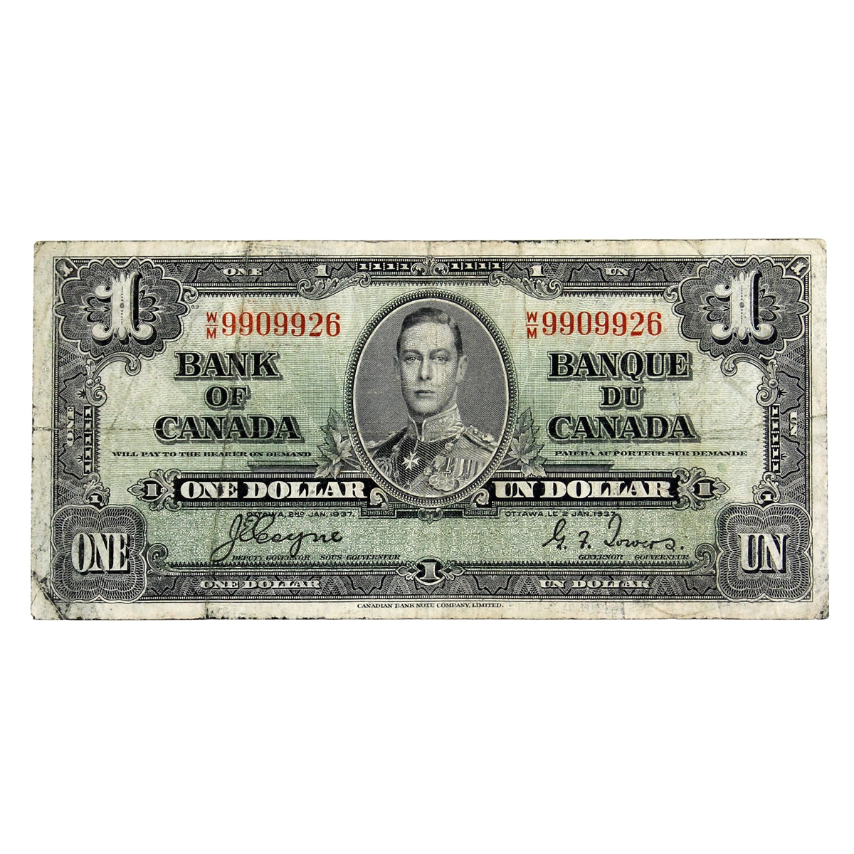 BC-21d 1937 Canada $1 Note, Coyne-Towers, Fine (F12) Tears, holes, or damaged
