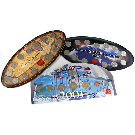 Lot of 3x 1999, 2000 & 2001 Canada Coin Sets in Collector Boards, 3Pcs (See text)