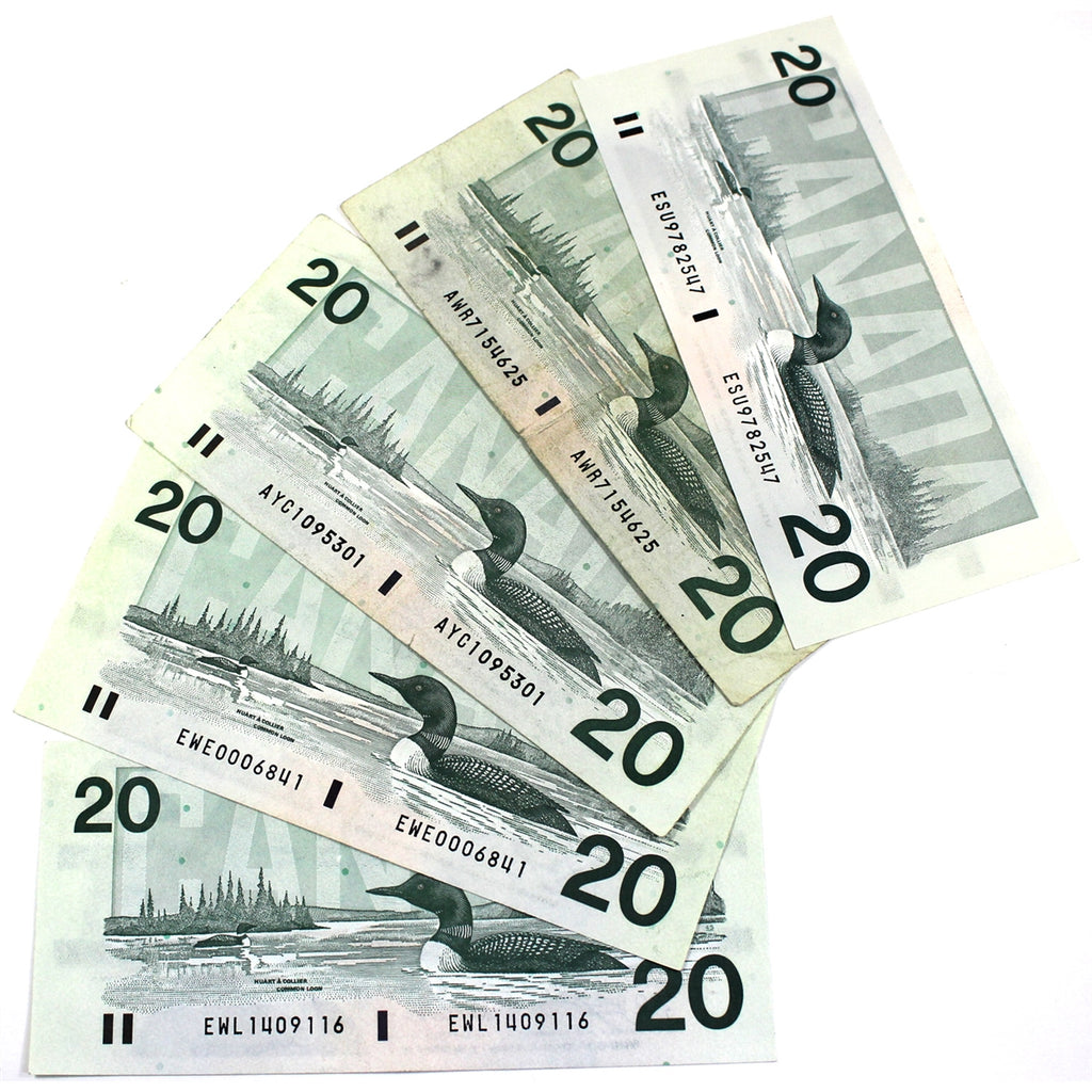Lot of 5x 1991 Canada $20 Notes with All Different Prefixes, Average, 5Pcs (impaired)