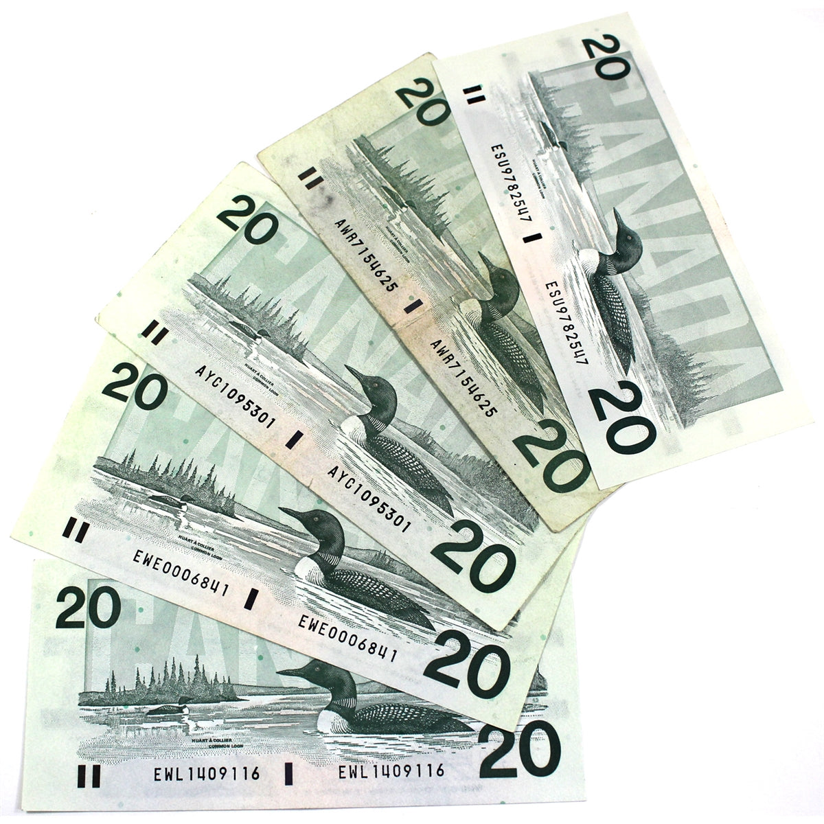 Lot of 5x 1991 Canada $20 Notes with All Different Prefixes, Average, 5Pcs (impaired)