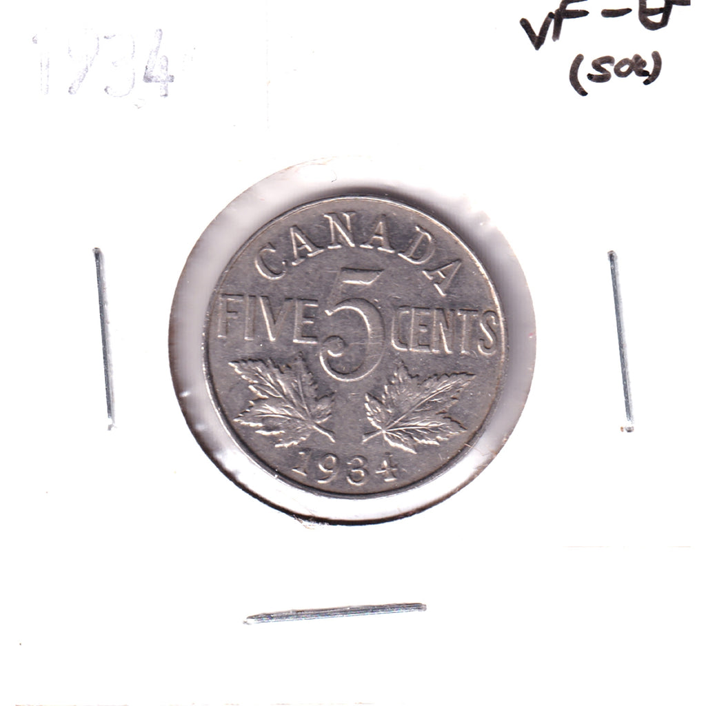 1934 Canada 5-cents VF-EF (VF-30) Scratched, toned, or impaired