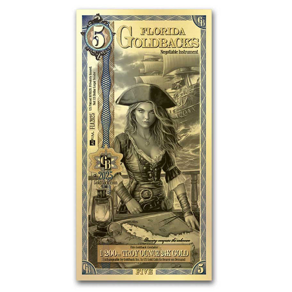 Five Florida Goldback 1/200oz 24K .9999 Gold Wafer Foil Note (No Tax) Minor Scratches