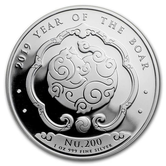 2019 Bhutan Nu.200 Lunar Boar 1oz. Silver (No Tax) Scratched Capsule