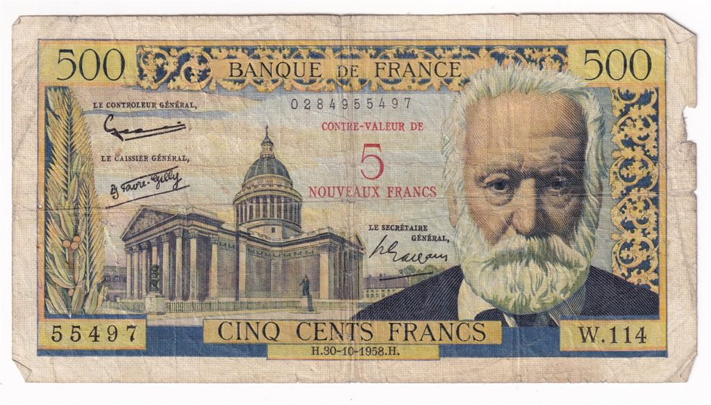France 1958 5 Nouveaux Francs on 500 Francs, Very Good (VG8) Damaged