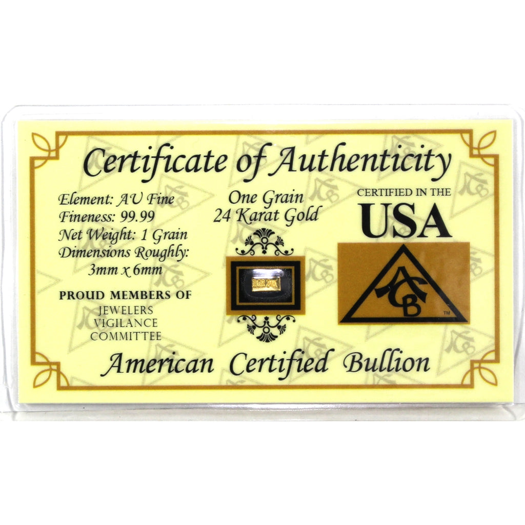 1 Grain .9999 Gold in American Certified Bullion Certificate (No Tax)