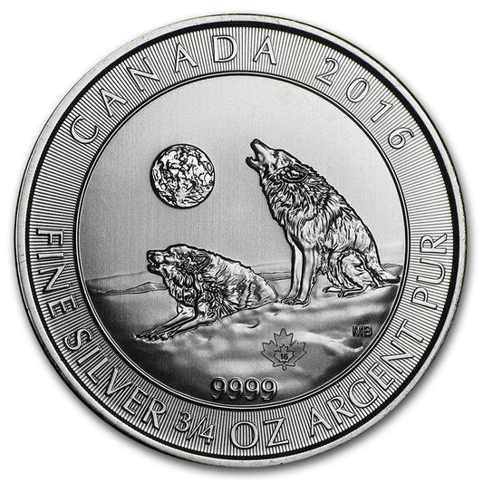 2016 Canada $2 Howling Wolves 3/4oz. .9999 Silver (No Tax) Lightly toned/Spots
