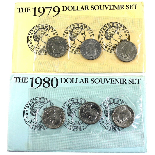 Pair of 1979 & 1980 PDS USA Susan B. Anthony Dollar 3-coin Souvenir Sets