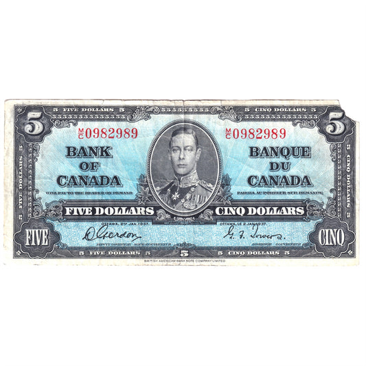 BC-23b 1937 Canada $5 Note, Gordon-Towers, Very Fine (VF20) Stain, tear, or damaged