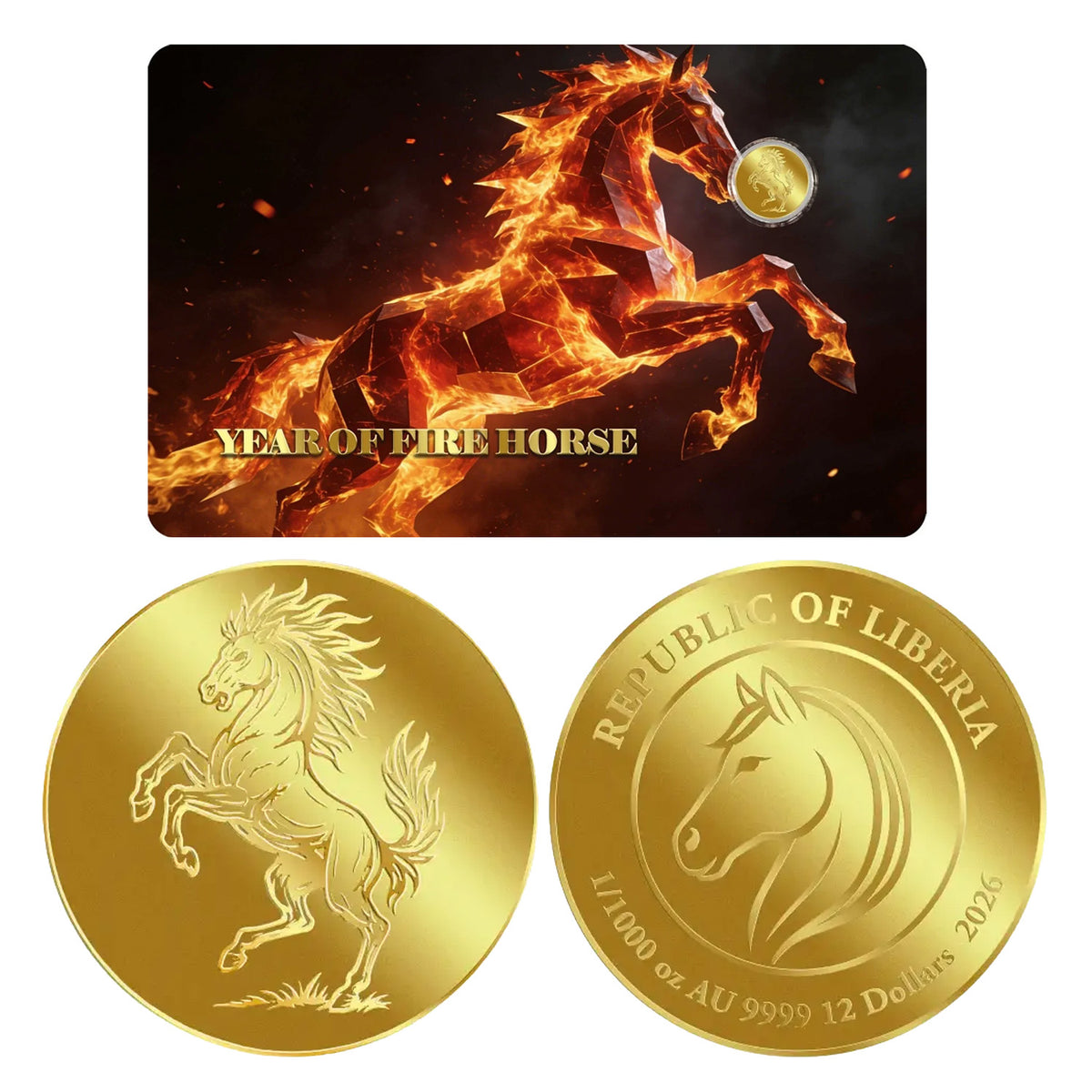 2026 Liberia $12 Year of the Horse 1/1000oz 24K .9999 Gold in Card (No Tax)