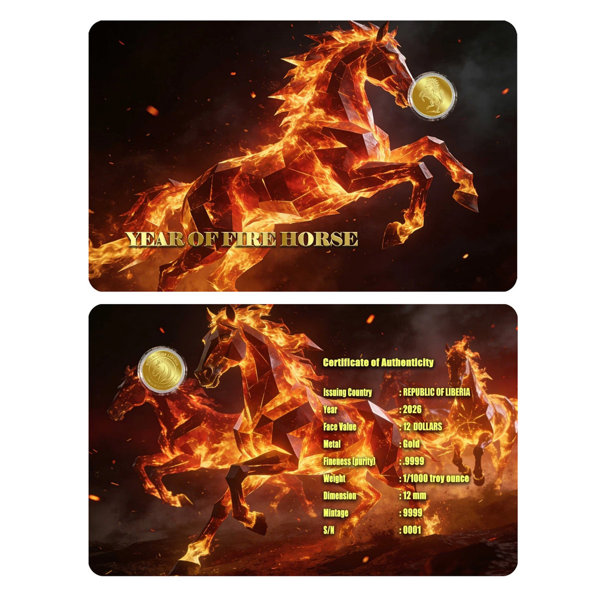 2026 Liberia $12 Year of the Horse 1/1000oz 24K .9999 Gold in Card (No Tax)