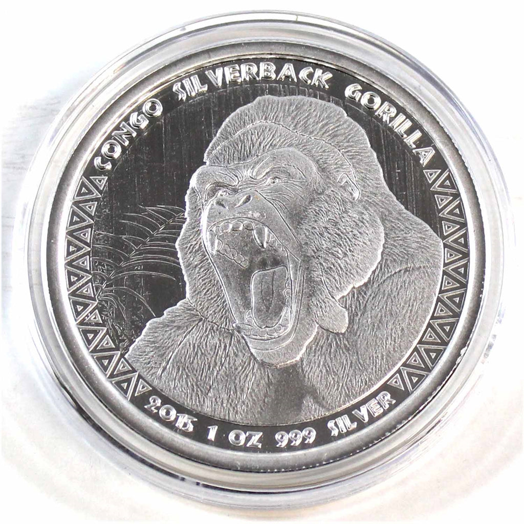 2015 Congo 5,000 Francs CFA Silverback Gorilla 1oz .999 Silver (No Tax) Capsule Scr.