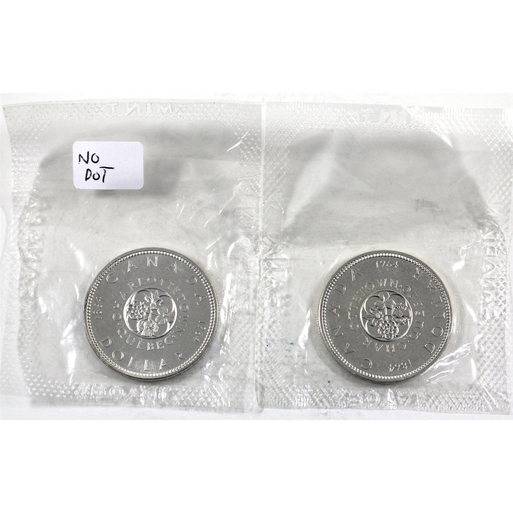 Pair of 1964 Dot & No Dot Canada Silver Dollars, Proof Like, 2Pcs (Sealed)