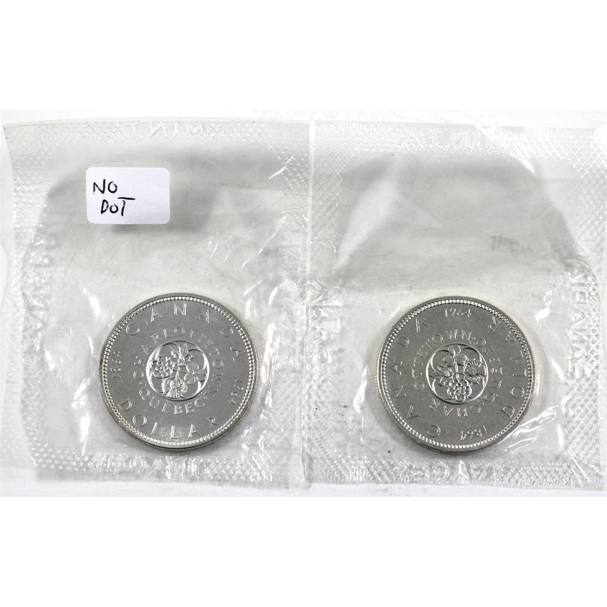 Pair of 1964 Dot & No Dot Canada Silver Dollars, Proof Like, 2Pcs (Sealed)