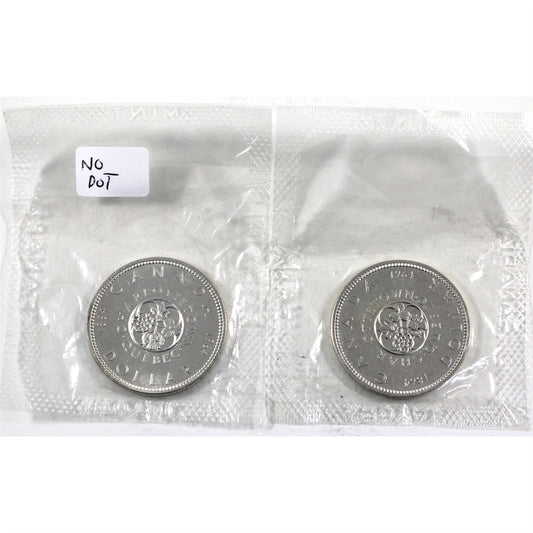 Pair of 1964 Dot & No Dot Canada Silver Dollars, Proof Like, 2Pcs (Sealed)