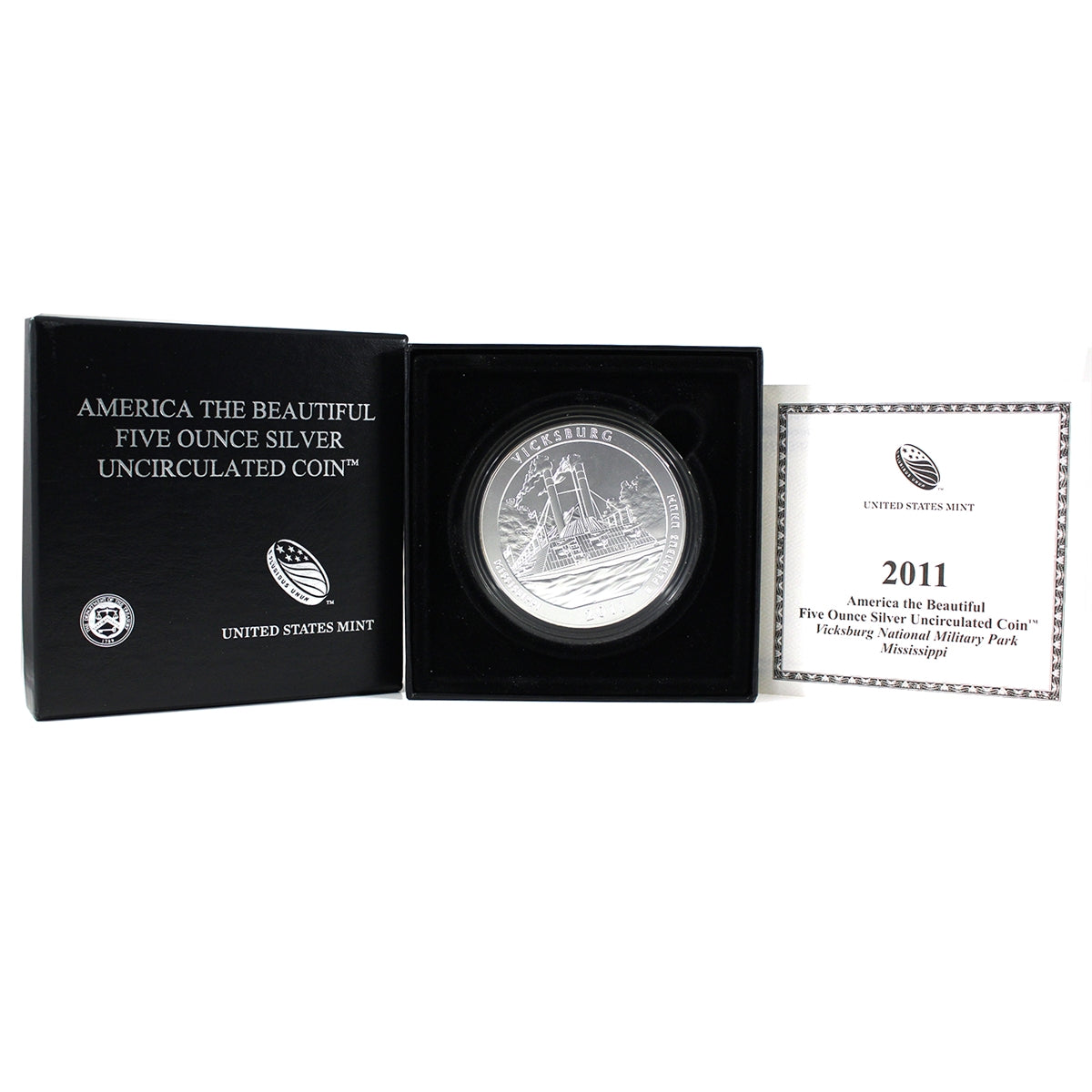 2011 P USA Vicksburg, MS, 25ct 5oz Fine Silver Coin in Box (No Tax) Minor Impairments