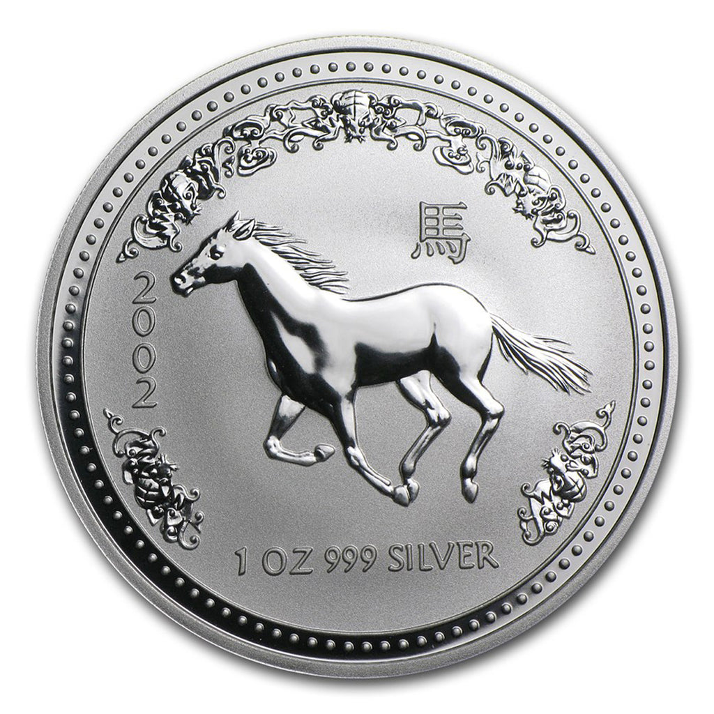 2002 Australia $1 Year of the Horse 1oz Silver in Red Box (No Tax) Capsule Scr/Scuff