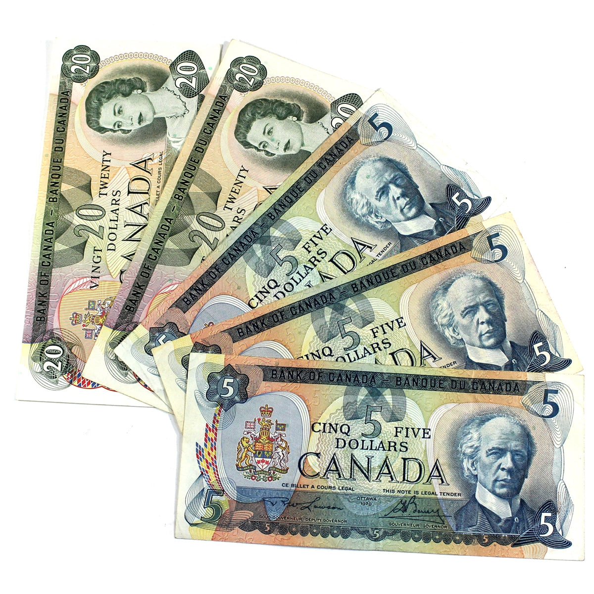 Lot of 3x 1979 Canada $5 & 2x 1979 $20, Average Condition, 5Pcs