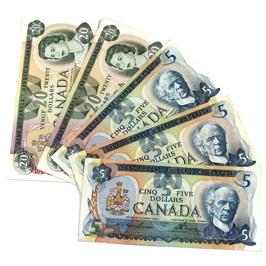 Lot of 3x 1979 Canada $5 & 2x 1979 $20, Average Condition, 5Pcs