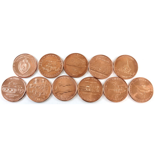 Lot of 11x Different Military/Veteran Themed 1oz. AVDP .999 Fine Copper Rounds, 11Pcs