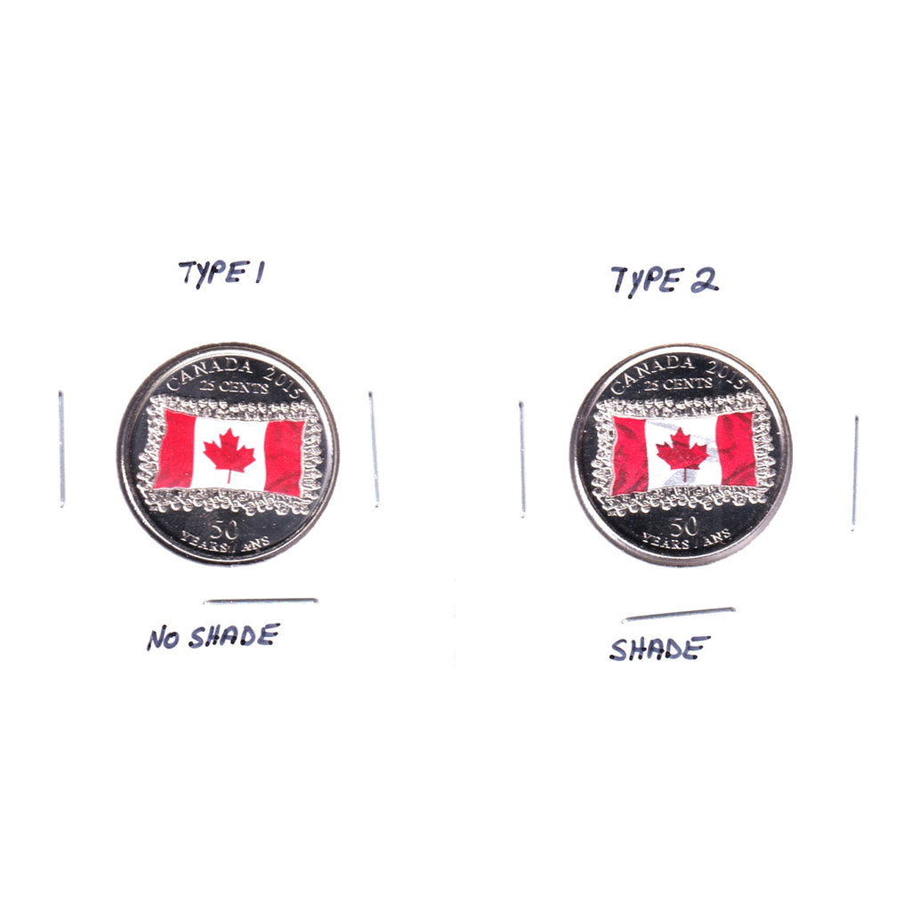Pair of 2015 Canada Coloured Flag 25-cents - Shade & No Shade, UNC or Better, 2Pcs