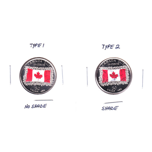 Pair of 2015 Canada Coloured Flag 25-cents - Shade & No Shade, UNC or Better, 2Pcs