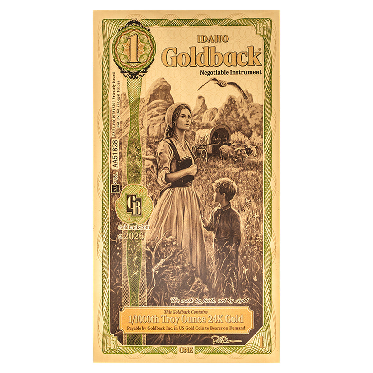 (2026) One Idaho Goldback Aurum 1/1000oz 24K .9999 Gold Wafer Foil Note (No Tax)