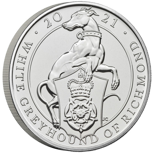 2021 GB 5-Pound Queen's Beasts White Greyhound of Richmond 2oz Silver (No Tax) Lightly Toned