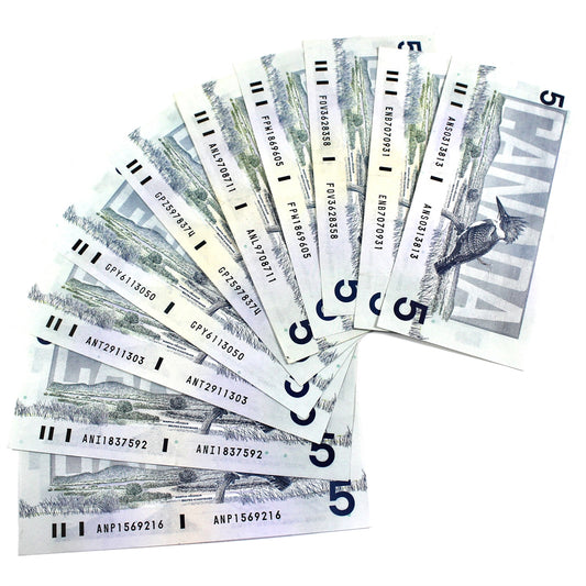 Lot of 10x 1986 Canada $5 Notes with All Different Prefixes, Average Condition, 10Pcs