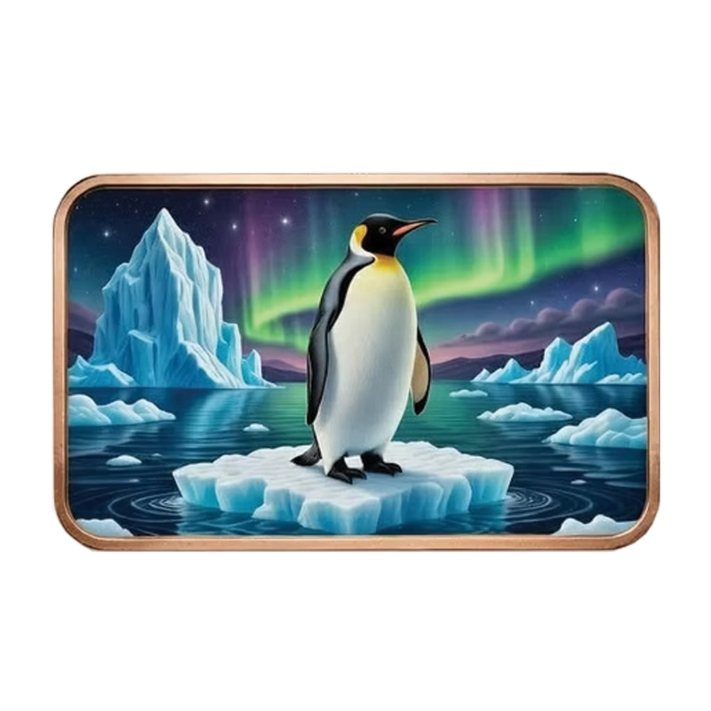 Northern Lights Penguins Coloured 5oz .999 Copper Art Bar