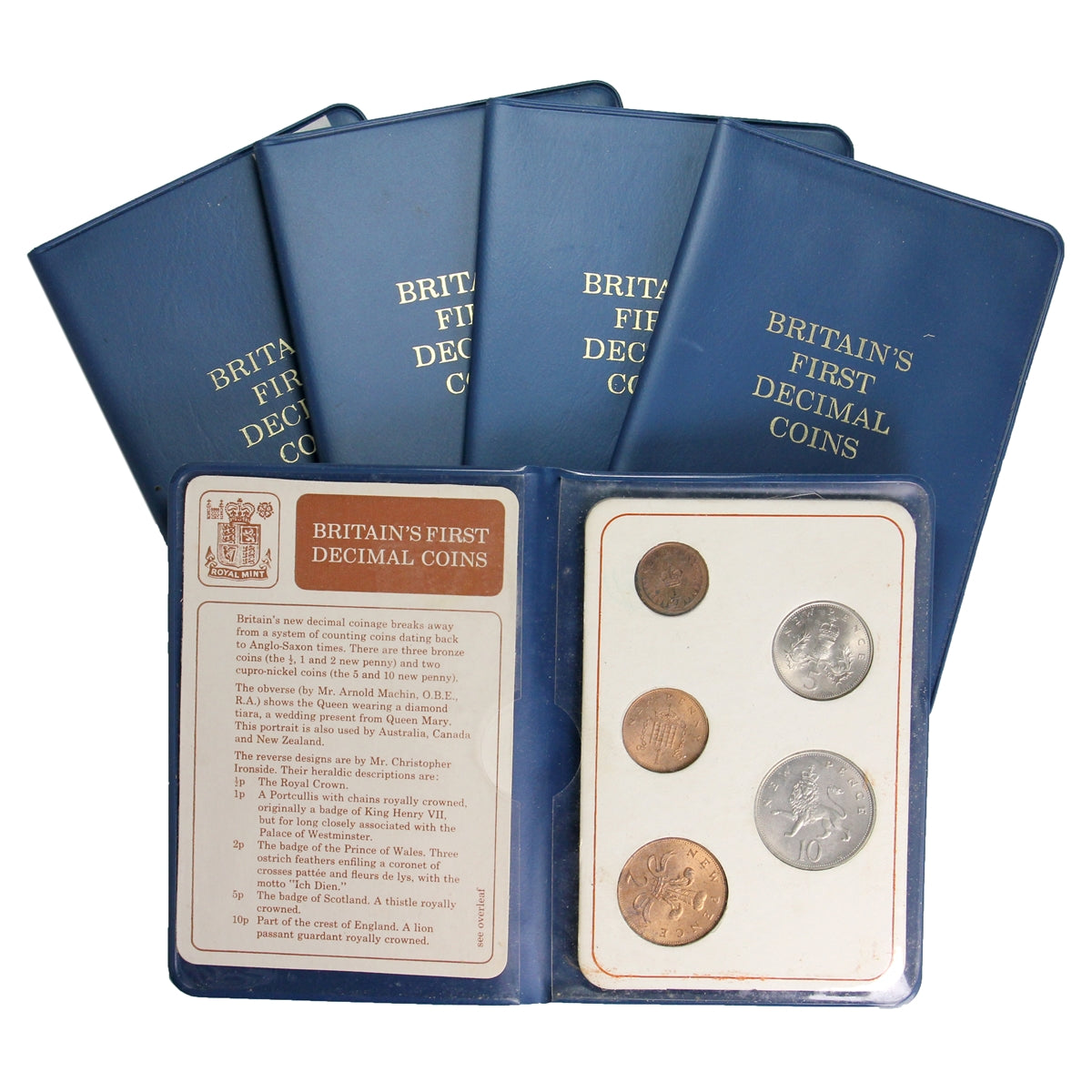 Lot of 5x c.1968-1971 Britain's First Decimal Coins Sets in Folders, 5Pcs (Impaired)
