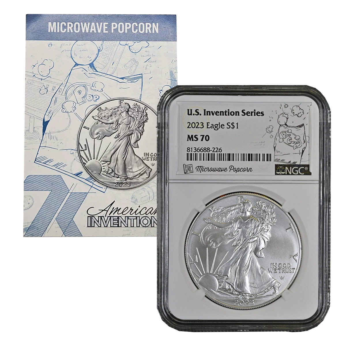 2023 $1 Eagle NGC Cert. MS70 in Invention Series: Microwave Popcorn Holder (No Tax)