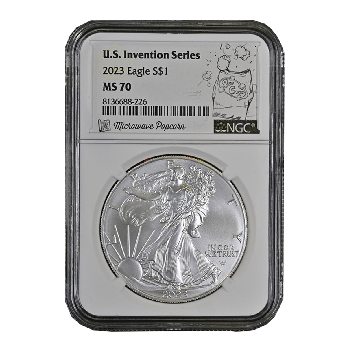 2023 $1 Eagle NGC Cert. MS70 in Invention Series: Microwave Popcorn Holder (No Tax)
