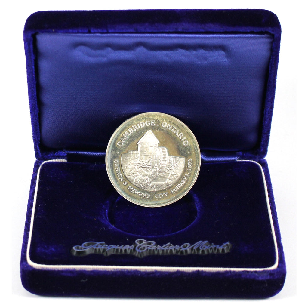 Cambridge, Ontario, 1973 Canada's Newest City Sterling Silver Medallion in Purple Case